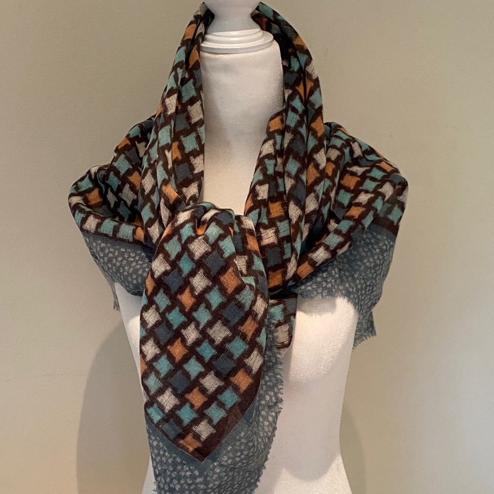 Wool silk lightweight modern slate blue coral aqua herringbone fringe scarf